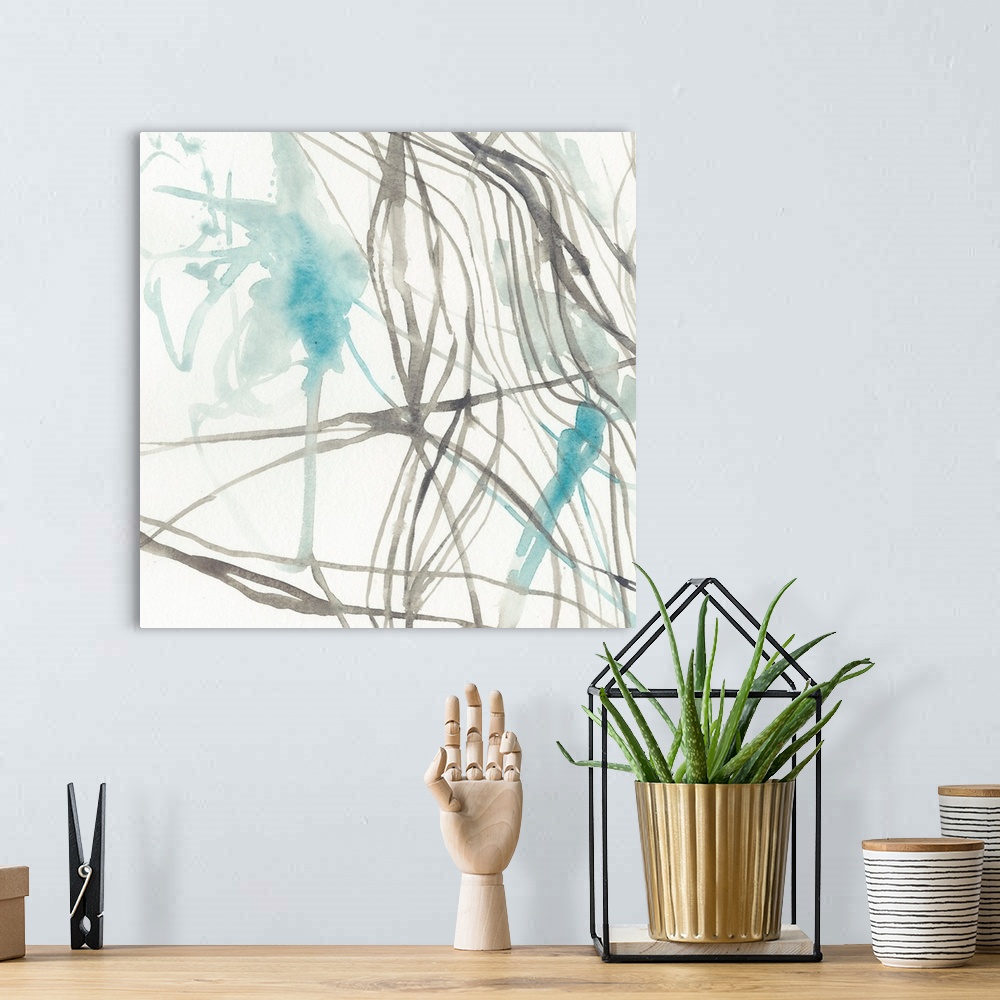 A bohemian room featuring Aqua and gray contemporary abstract watercolor painting.