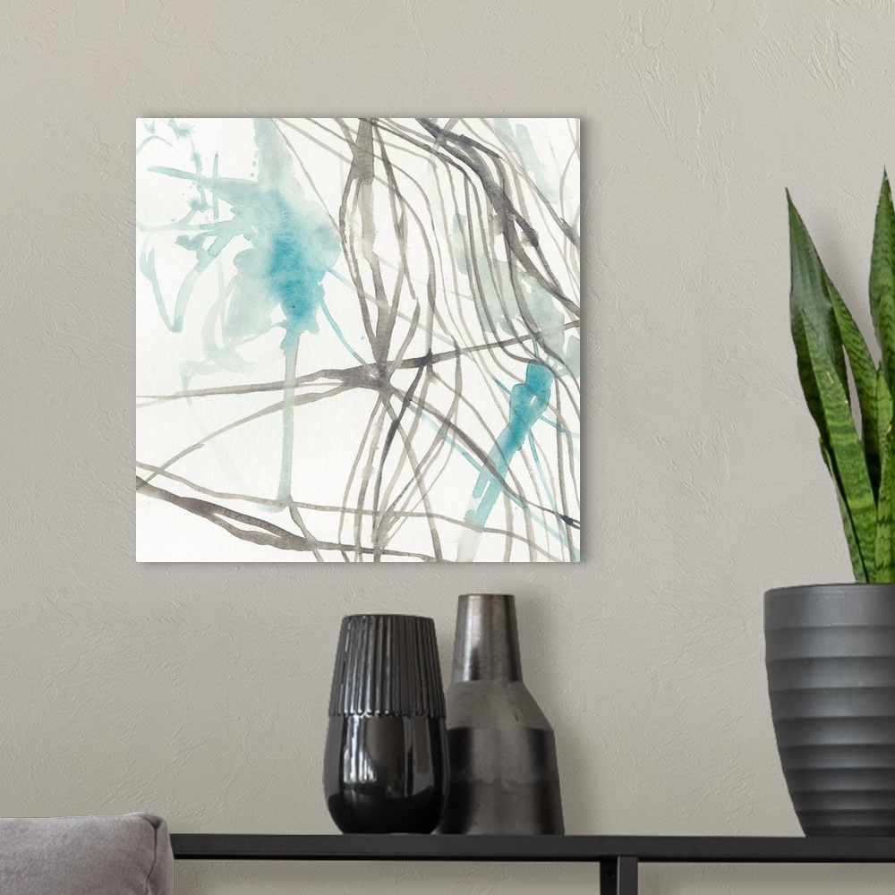 A modern room featuring Aqua and gray contemporary abstract watercolor painting.