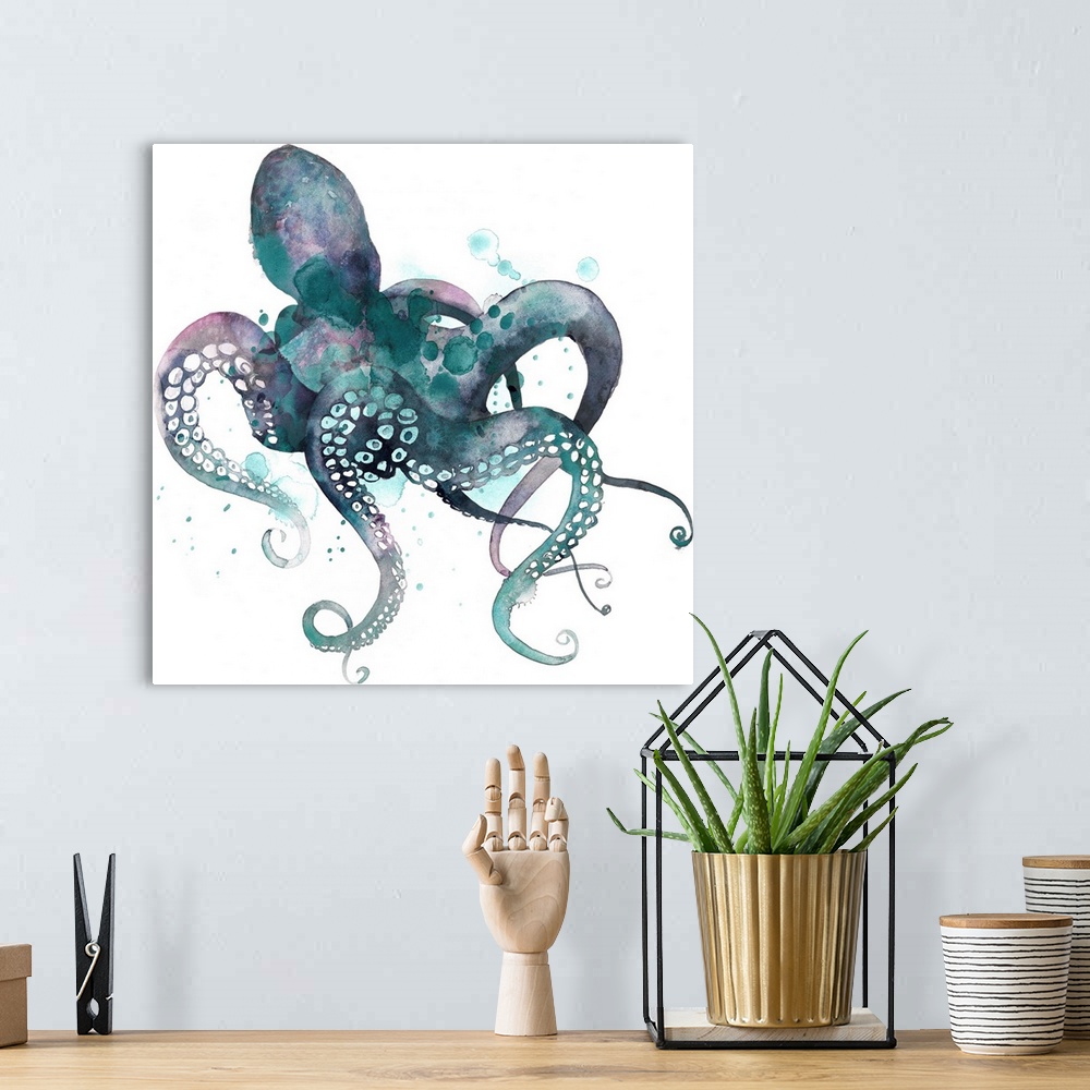 A bohemian room featuring Watercolor painting of an octopus against a white background.