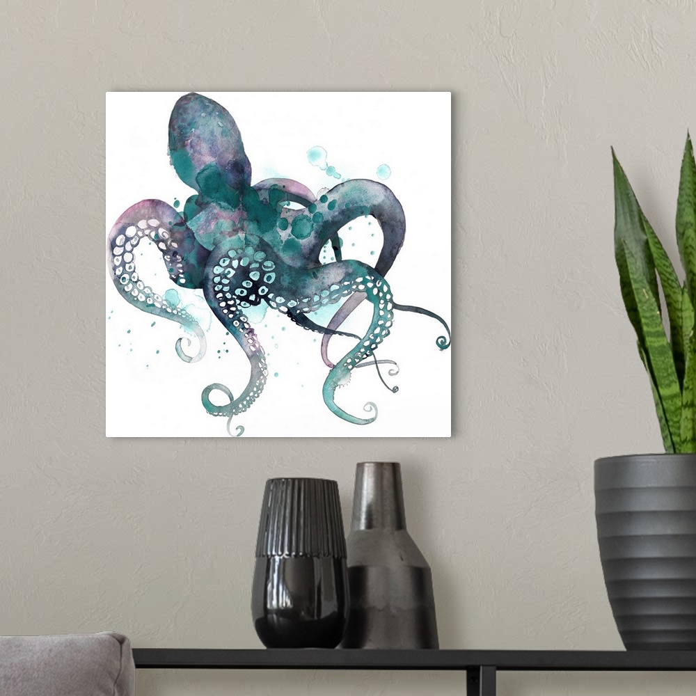 A modern room featuring Watercolor painting of an octopus against a white background.