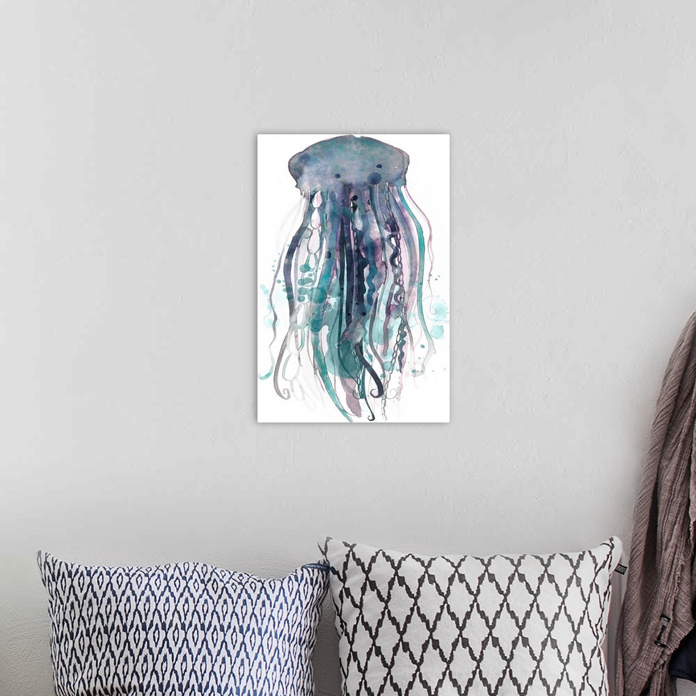 A bohemian room featuring Watercolor painting of a jellyfish against a white background.