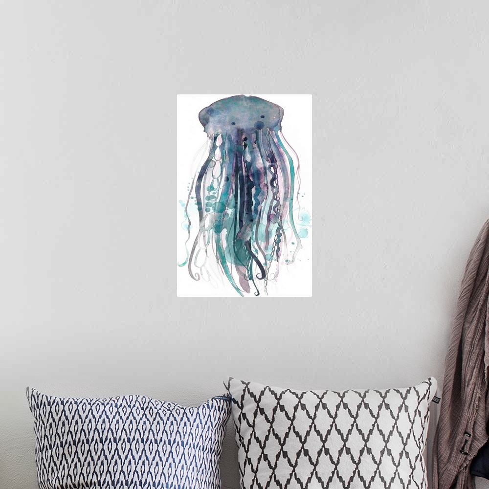 A bohemian room featuring Watercolor painting of a jellyfish against a white background.