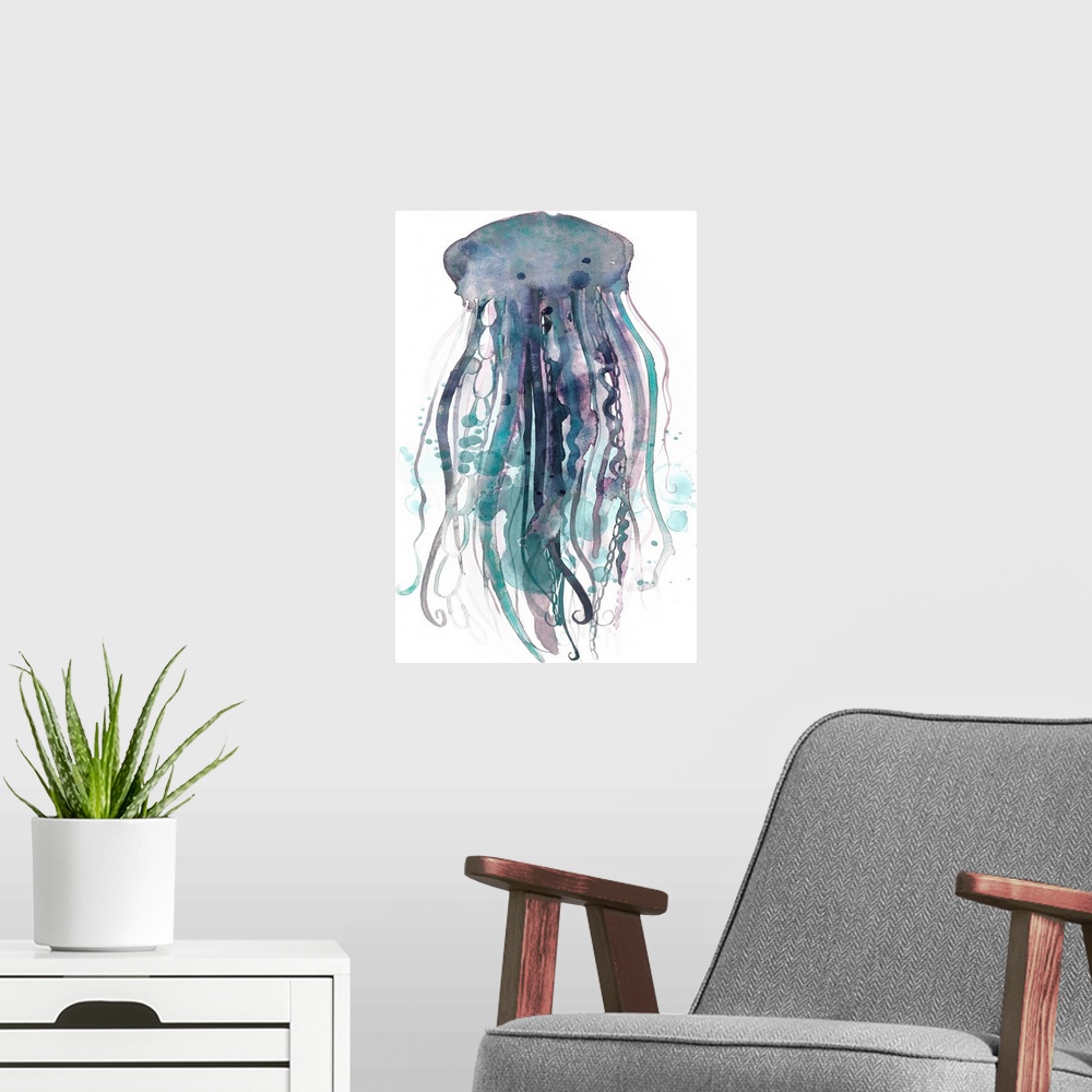 A modern room featuring Watercolor painting of a jellyfish against a white background.