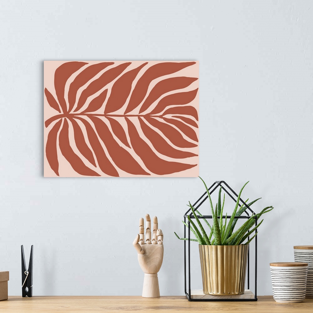 A bohemian room featuring A minimalist contemporary illustration of a large leaf filling the whole space. In modern shades ...