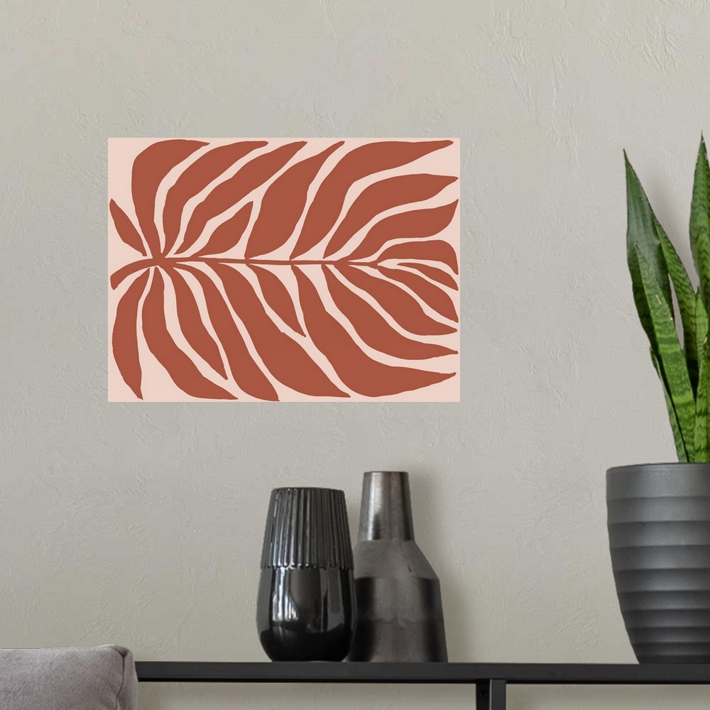 A modern room featuring A minimalist contemporary illustration of a large leaf filling the whole space. In modern shades ...