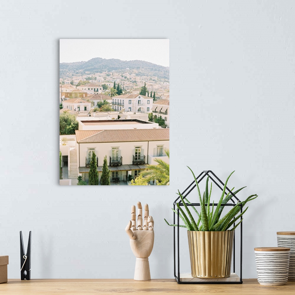 A bohemian room featuring Photograph of building roofs in Spetses, Greece.