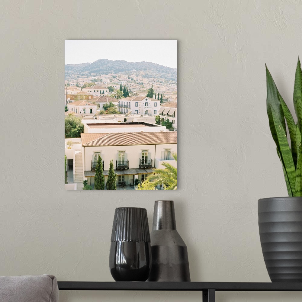 A modern room featuring Photograph of building roofs in Spetses, Greece.