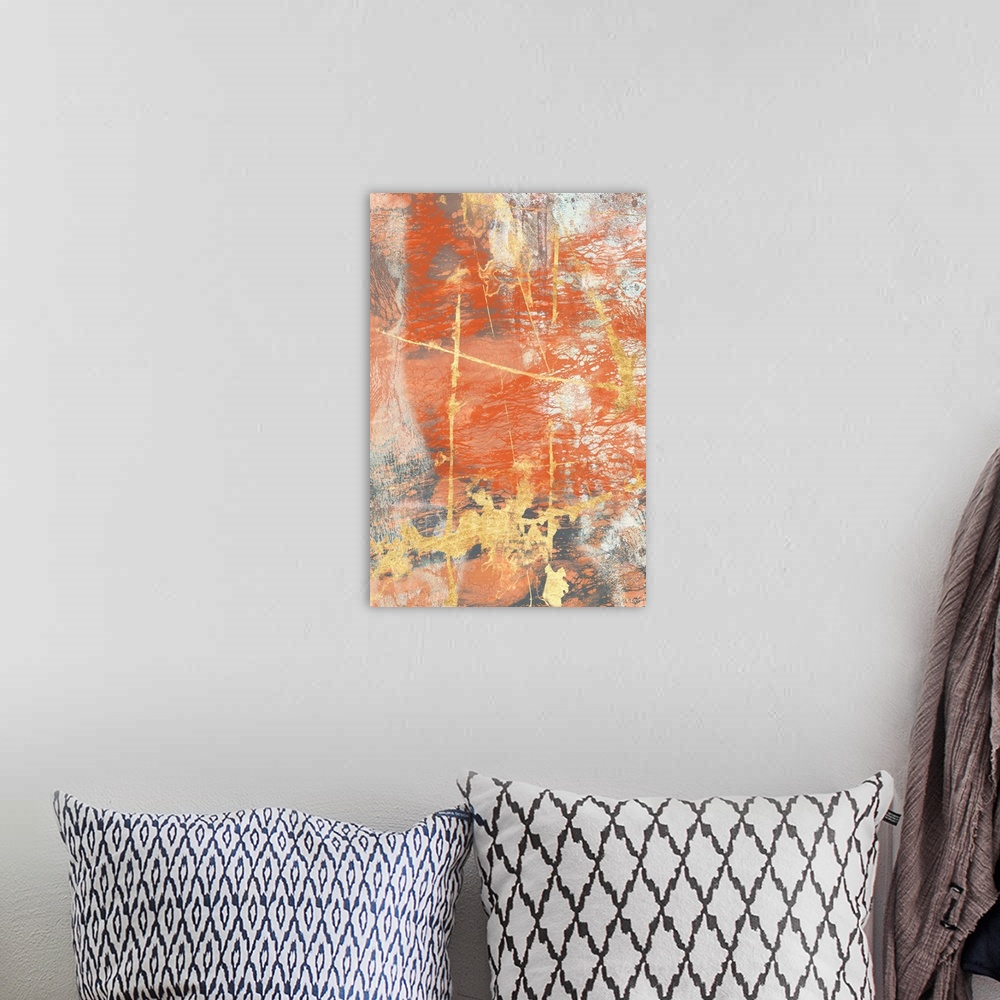 A bohemian room featuring Contemporary abstract painting in bold, rusty orange and gold with a weathered effect.