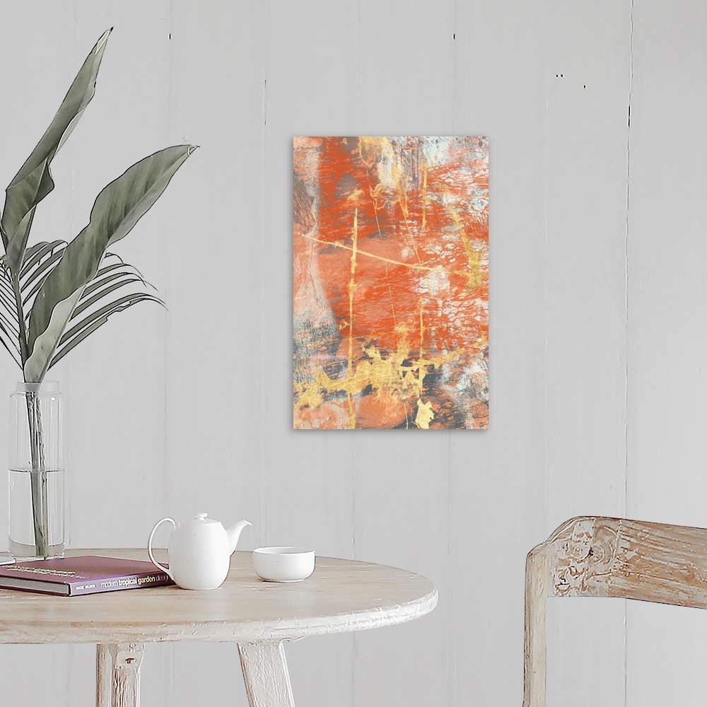A farmhouse room featuring Contemporary abstract painting in bold, rusty orange and gold with a weathered effect.