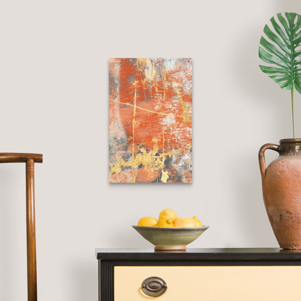 A traditional room featuring Contemporary abstract painting in bold, rusty orange and gold with a weathered effect.