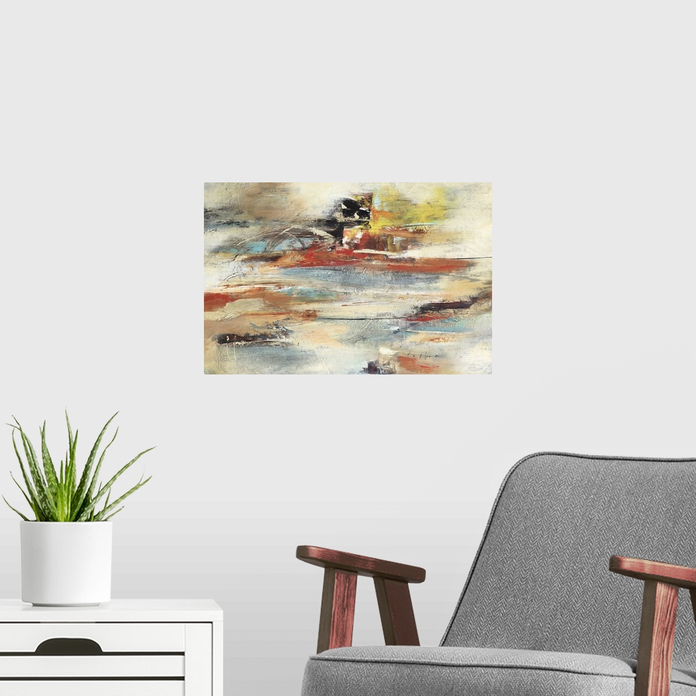 A modern room featuring Vivacious brush strokes tell an energetic story with textured movements of interest throughout in...