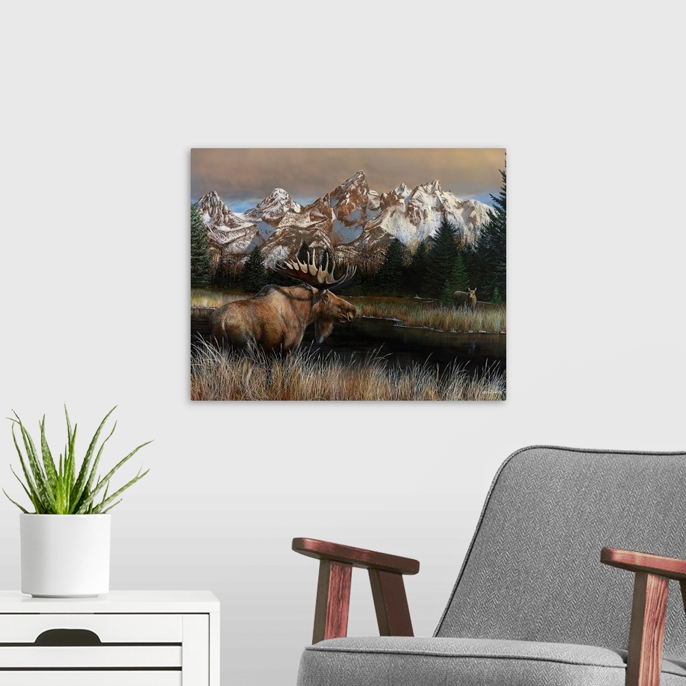 A modern room featuring Painting of a moose standing in tall grass next to a river with a rugged mountain range in the ba...