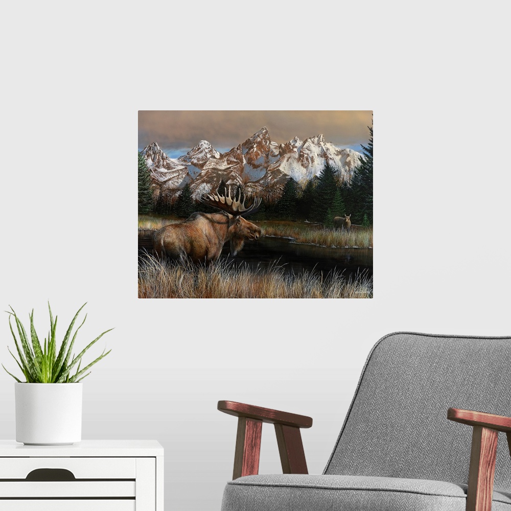 A modern room featuring Painting of a moose standing in tall grass next to a river with a rugged mountain range in the ba...