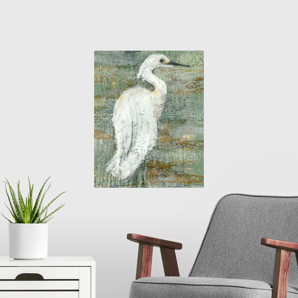 A modern room featuring Contemporary artwork of a white heron against a weathered dark background.
