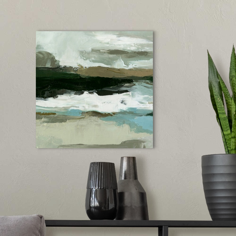 A modern room featuring Textured Ocean Tide I