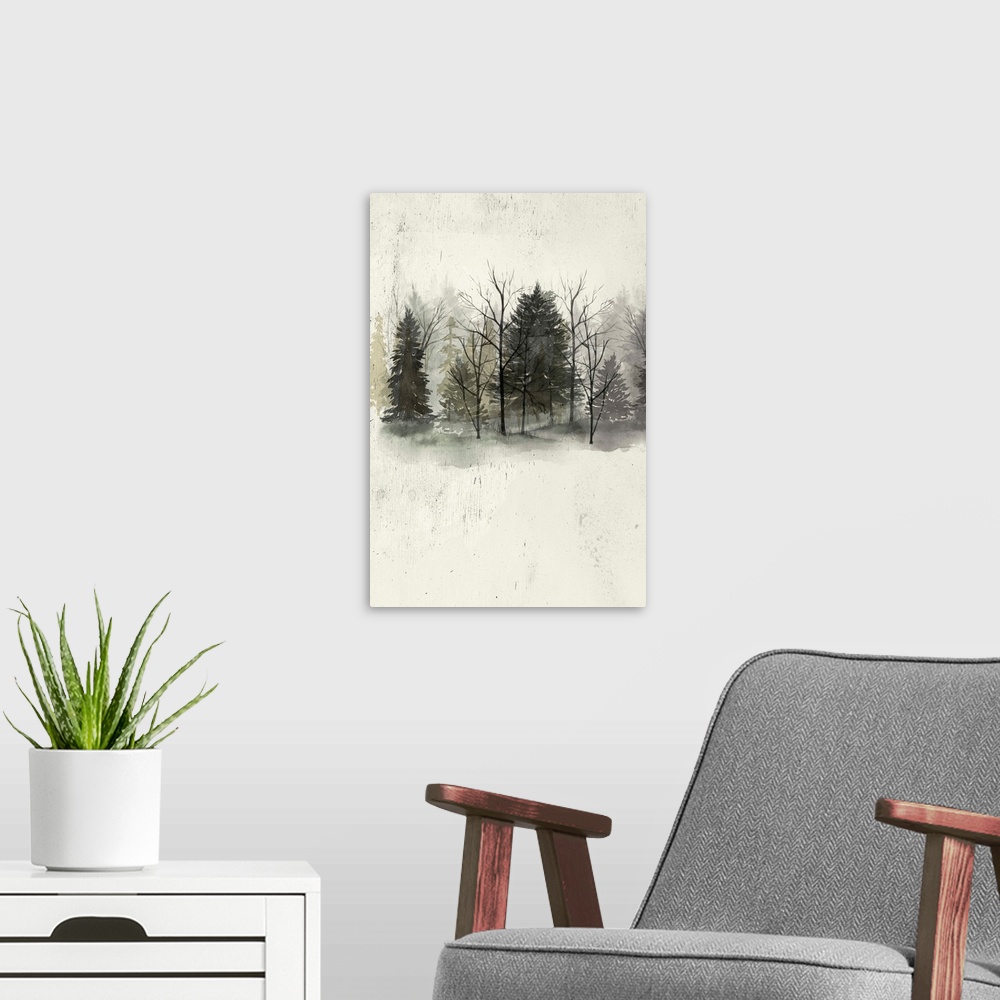 A modern room featuring Contemporary artwork of a dark forest at the edge of a clearing.