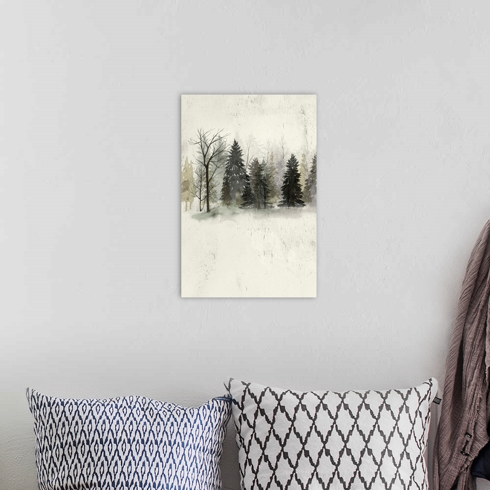 A bohemian room featuring Contemporary artwork of a dark forest at the edge of a clearing.
