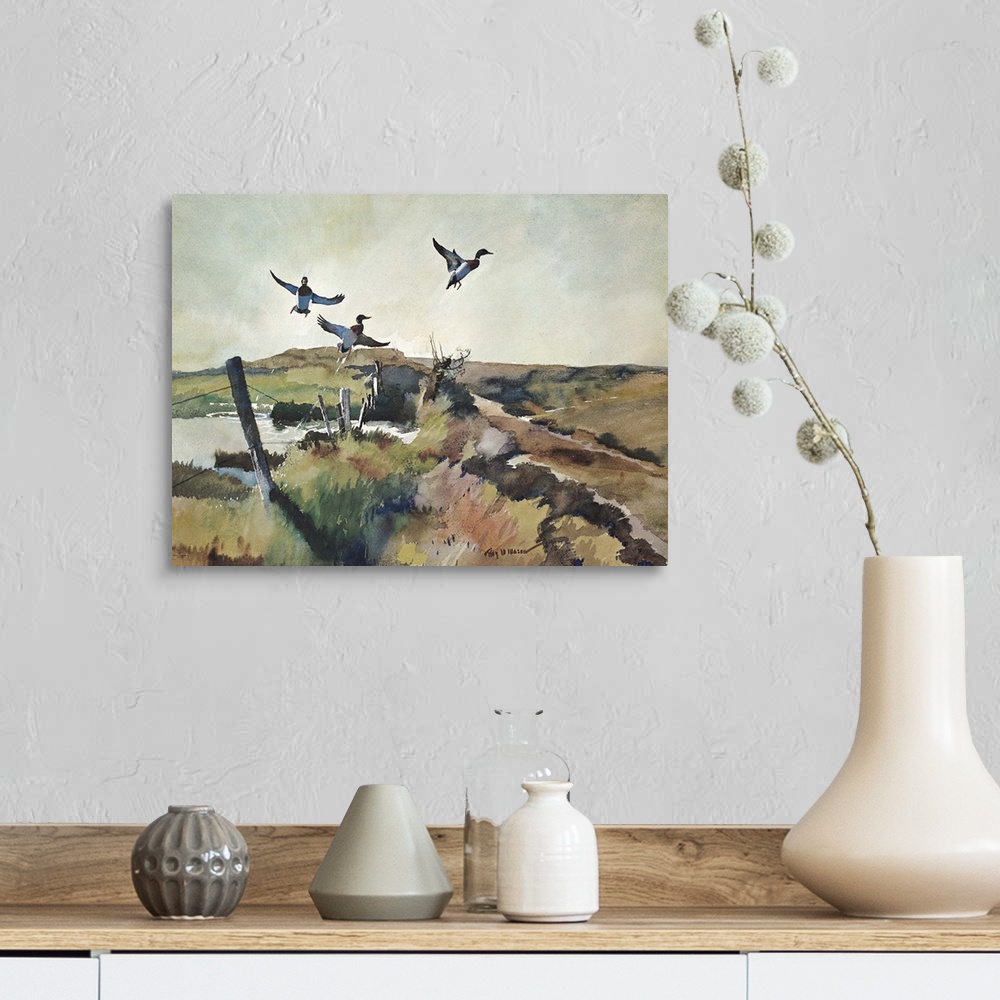 A farmhouse room featuring Contemporary watercolor painting of birds taking off into flight.