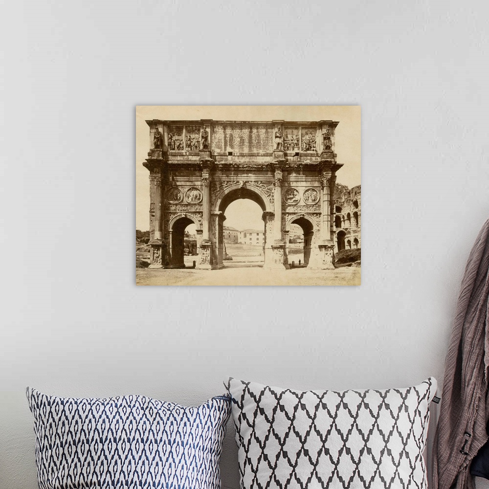 A bohemian room featuring Vintage photograph of the Arch of Constantine in Rome.