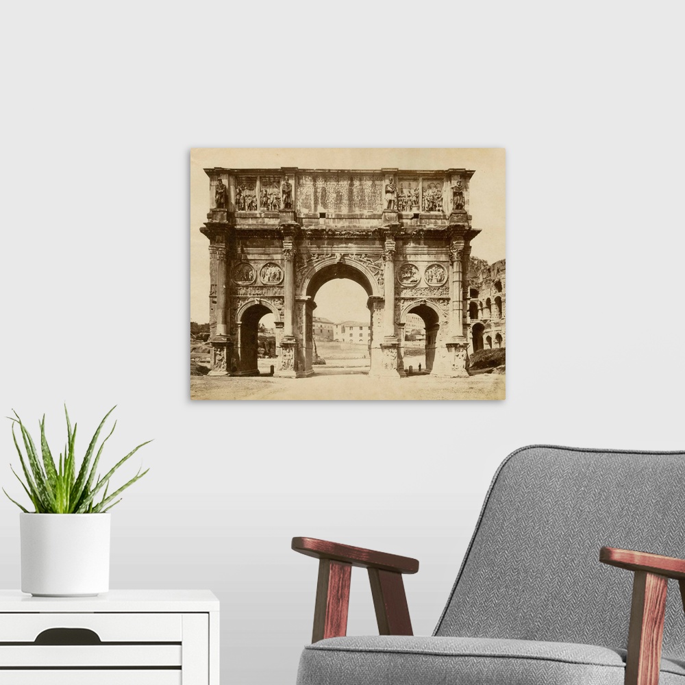 A modern room featuring Vintage photograph of the Arch of Constantine in Rome.