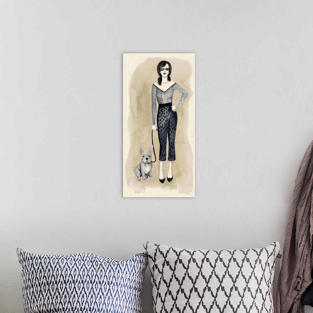A bohemian room featuring Watercolor fashion illustration of a trendy young woman walking her dog on a leash.