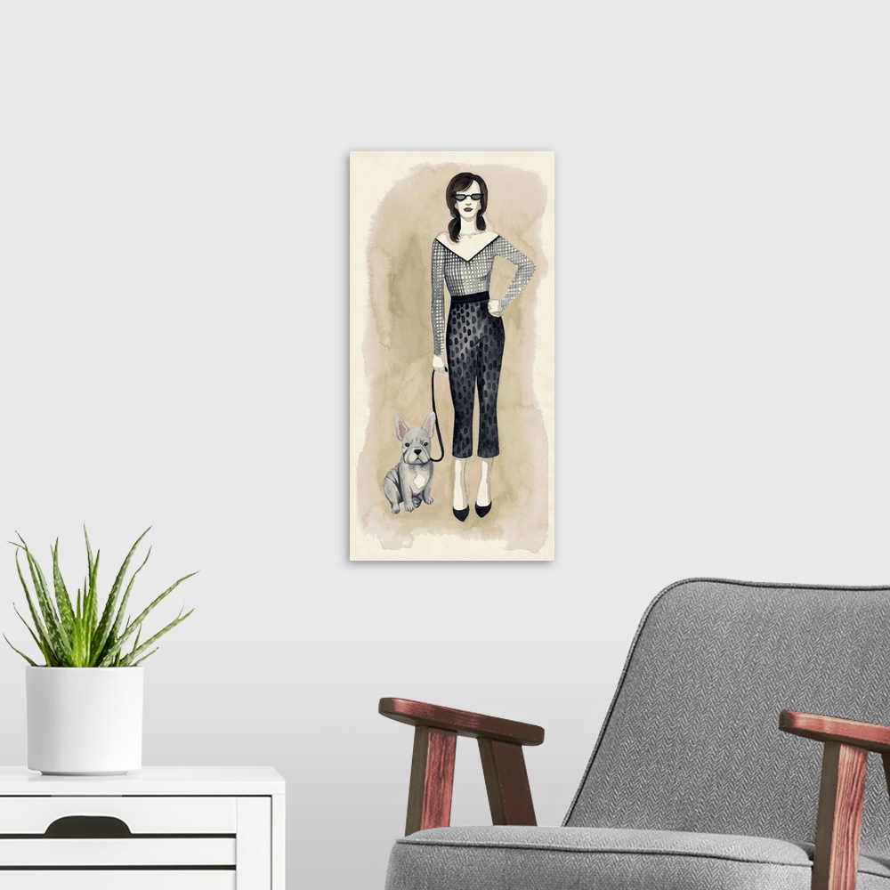 A modern room featuring Watercolor fashion illustration of a trendy young woman walking her dog on a leash.