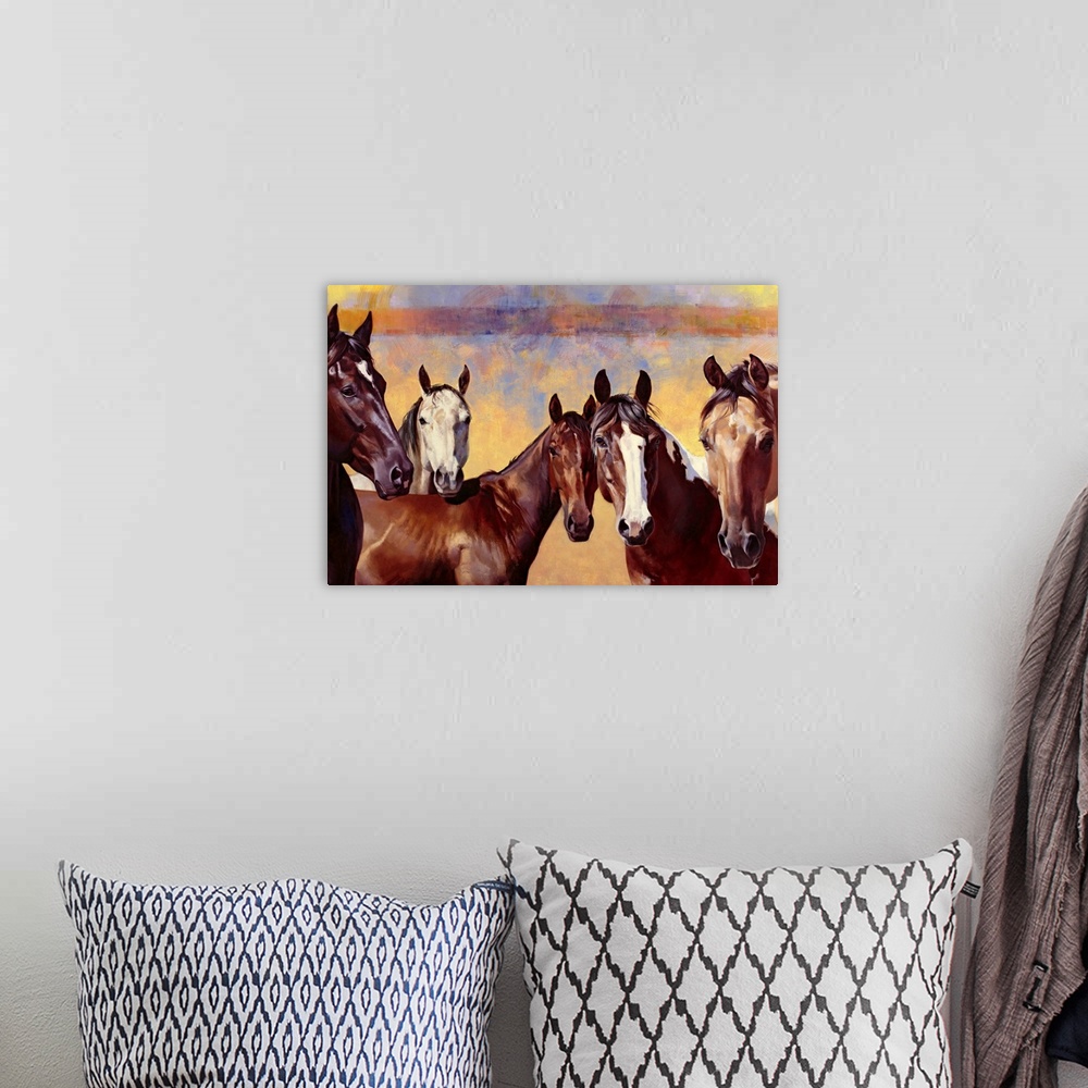 A bohemian room featuring Contemporary artwork of horses that are all standing together and looking straight at you. The ba...