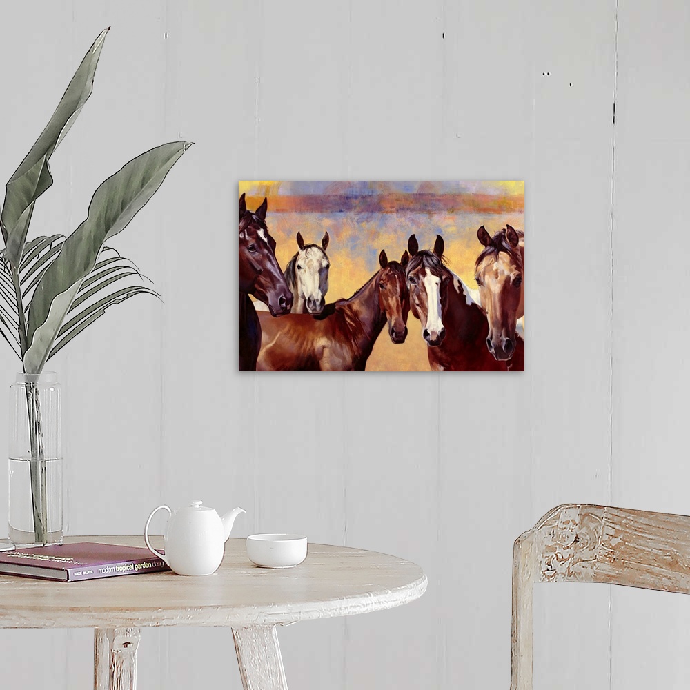 A farmhouse room featuring Contemporary artwork of horses that are all standing together and looking straight at you. The ba...