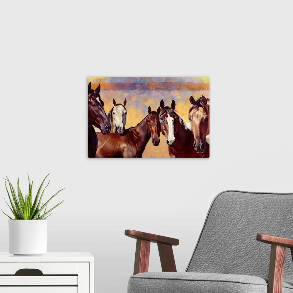 A modern room featuring Contemporary artwork of horses that are all standing together and looking straight at you. The ba...