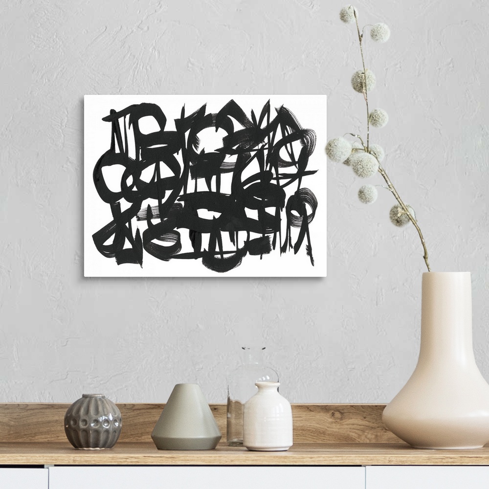 A farmhouse room featuring This abstract artwork consists of thick black brush strokes in curved lines and circles over a wh...