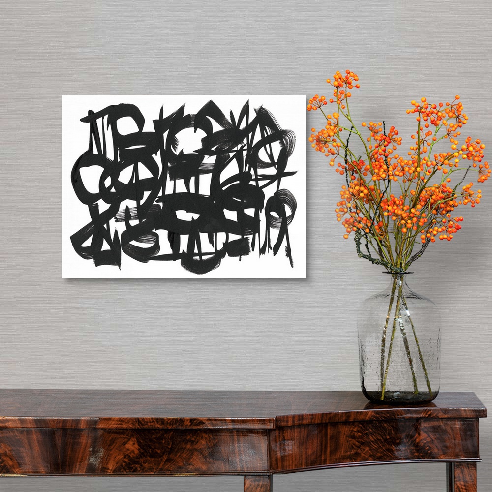 A traditional room featuring This abstract artwork consists of thick black brush strokes in curved lines and circles over a wh...