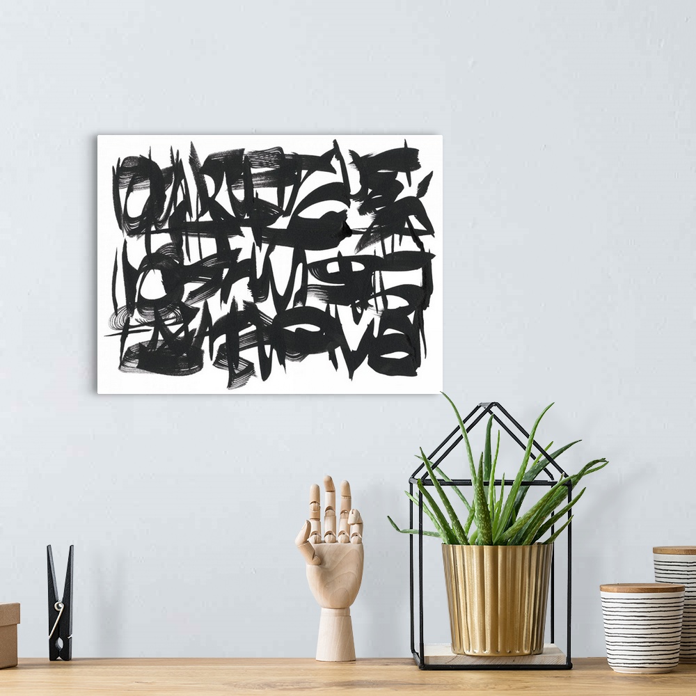 A bohemian room featuring This abstract artwork consists of thick black brush strokes in curved lines and circles over a wh...