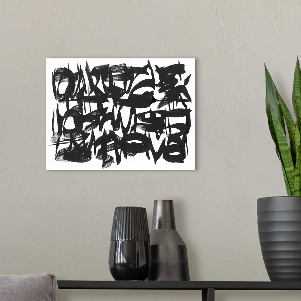 A modern room featuring This abstract artwork consists of thick black brush strokes in curved lines and circles over a wh...