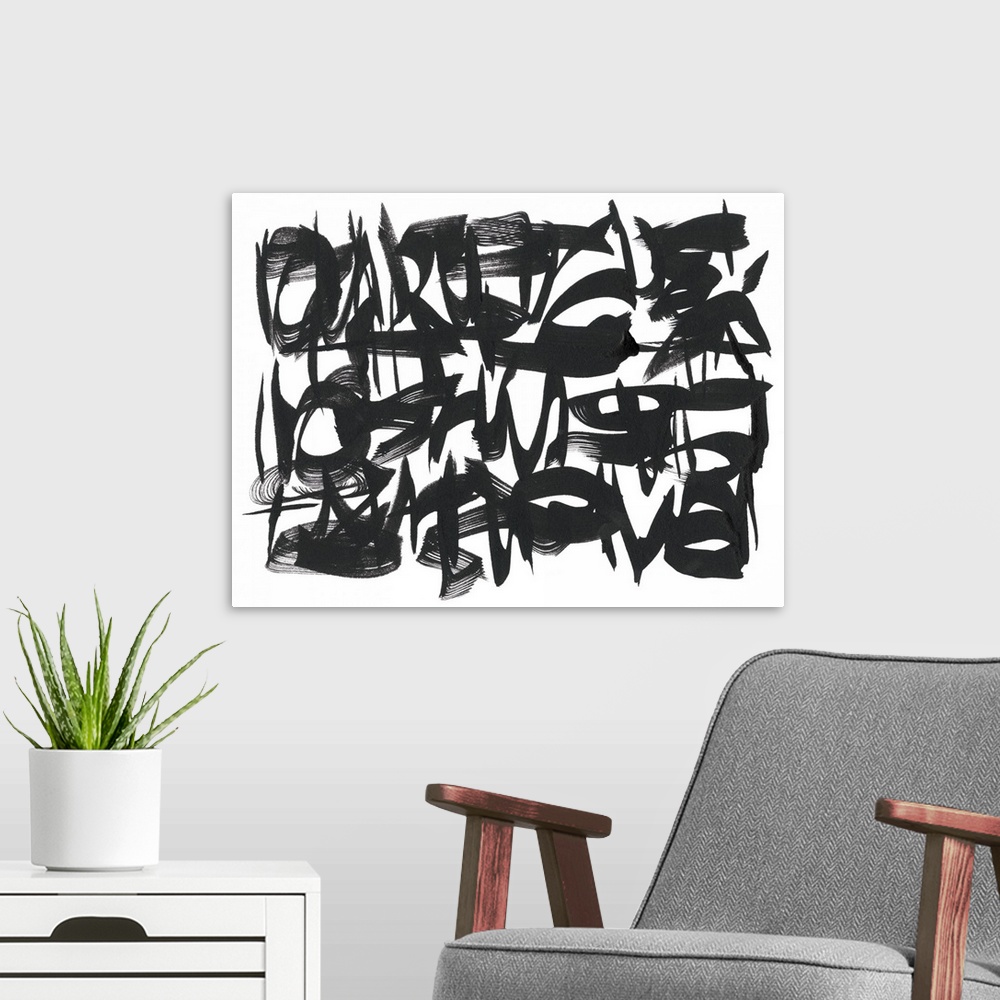 A modern room featuring This abstract artwork consists of thick black brush strokes in curved lines and circles over a wh...