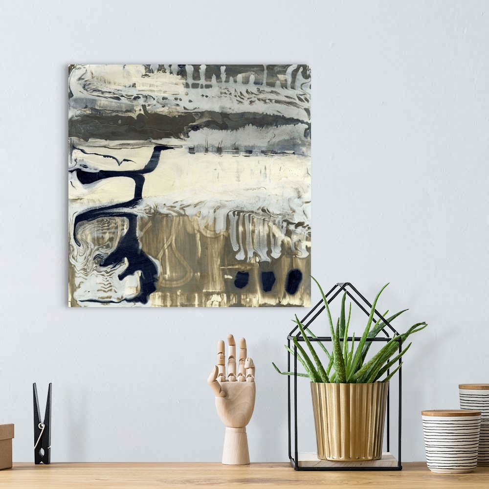 A bohemian room featuring Contemporary abstract painting using muted neutral tones swirling around in a liquid state.