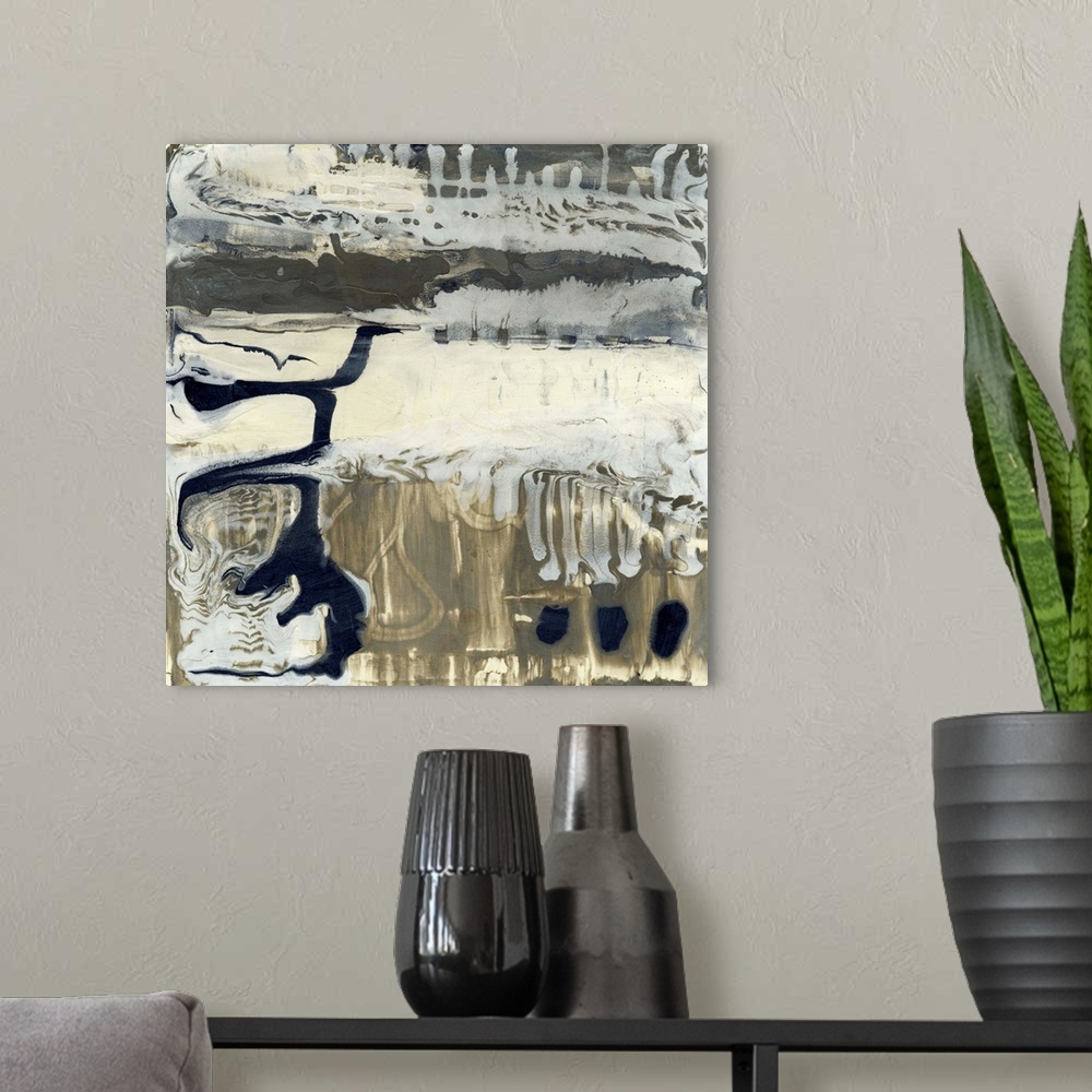 A modern room featuring Contemporary abstract painting using muted neutral tones swirling around in a liquid state.