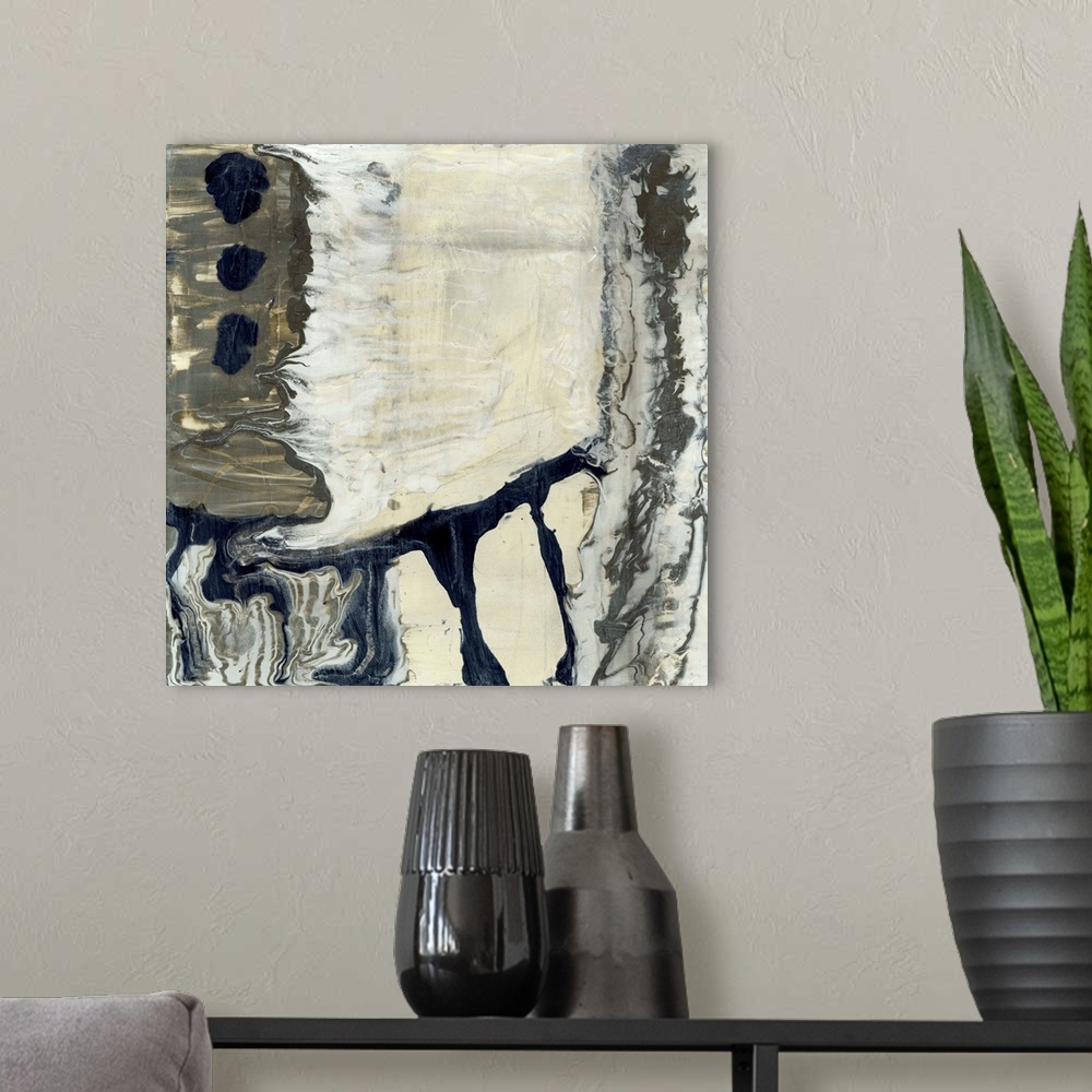 A modern room featuring Contemporary abstract painting using muted neutral tones swirling around in a liquid state.