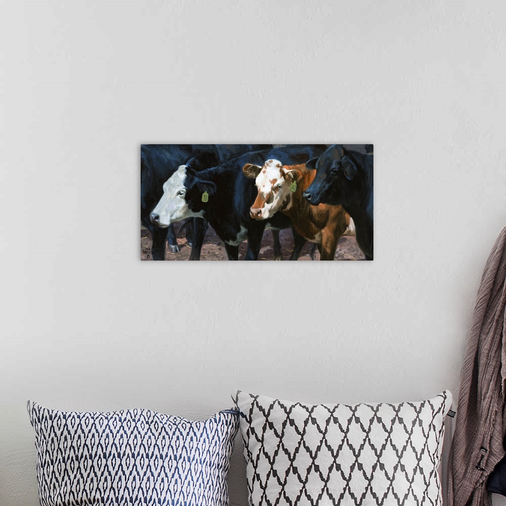 A bohemian room featuring Contemporary painting of three cows standing in a herd.