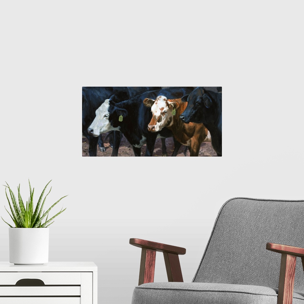 A modern room featuring Contemporary painting of three cows standing in a herd.