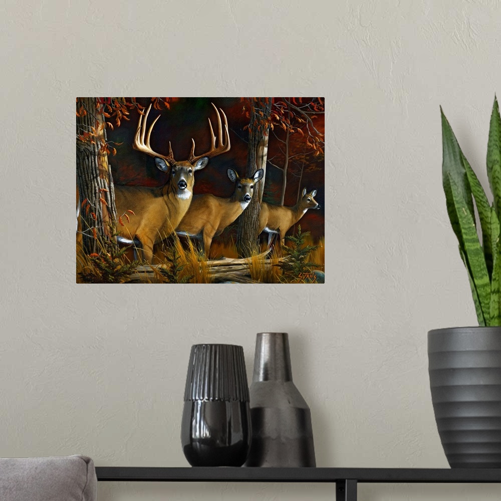 A modern room featuring Painting of three deer in forest with fallen tree log in front of them.