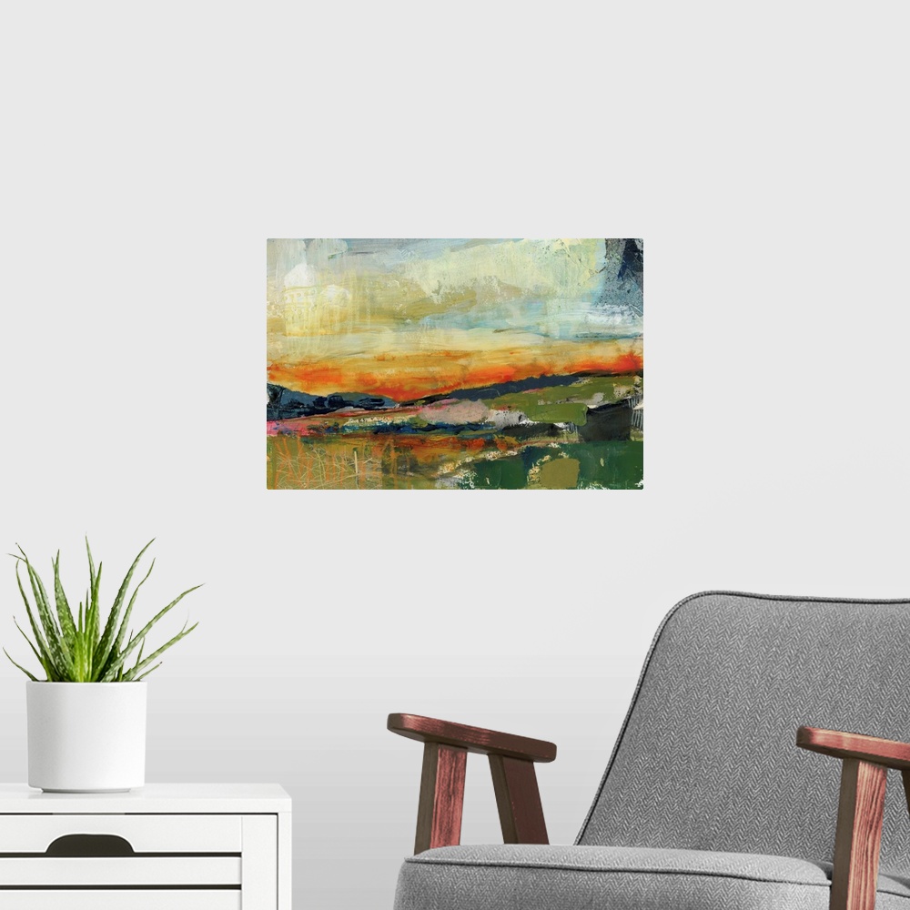 A modern room featuring A bright, contemporary abstract painting resembling a landscape at sunset