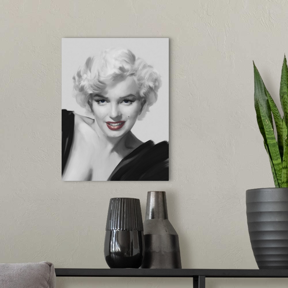 A modern room featuring Black and white image of Marilyn Monroe with tinted red lips.