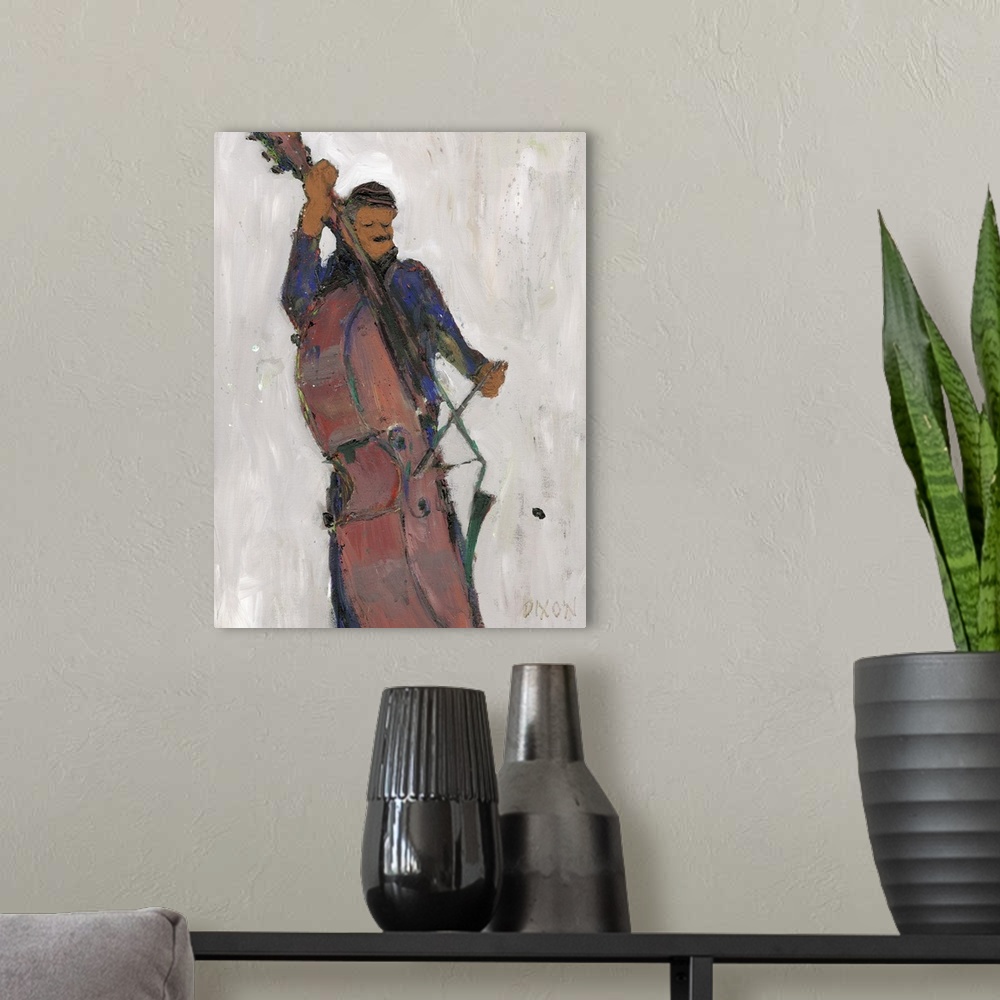 A modern room featuring Contemporary artwork of a man in a black suit playing the bass.