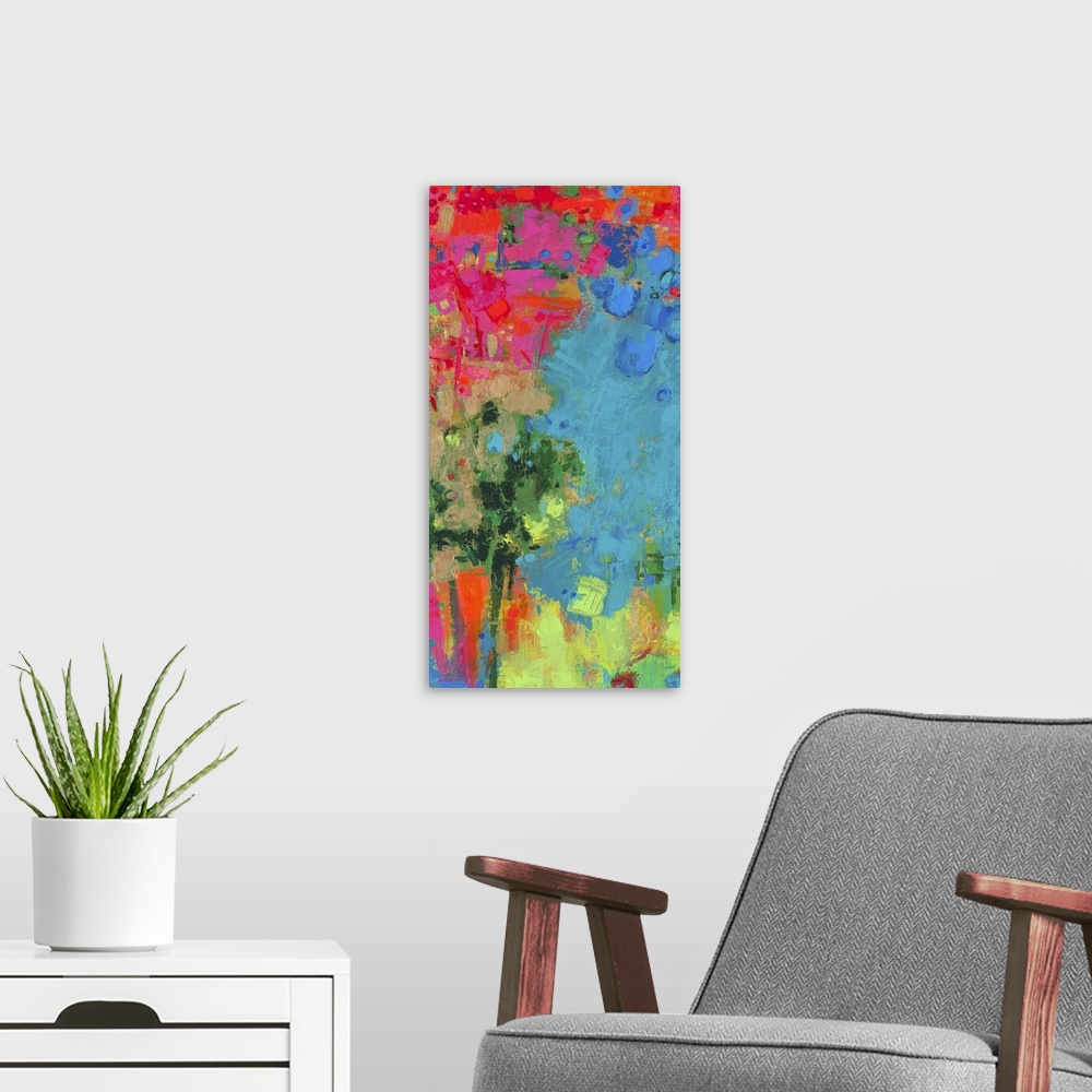 A modern room featuring Vertical abstract painting in tropical, almost neon shades of red, green, and blue.