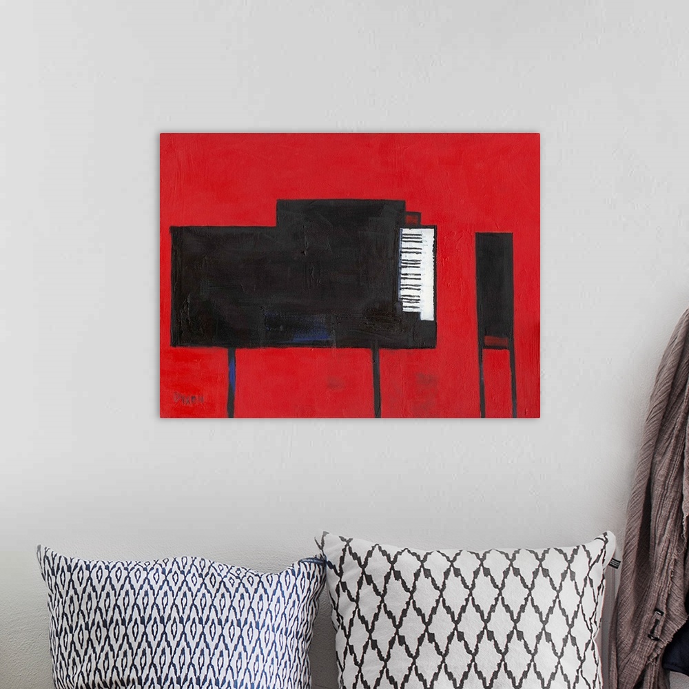 A bohemian room featuring Contemporary painting of a black grand piano and bench on red.