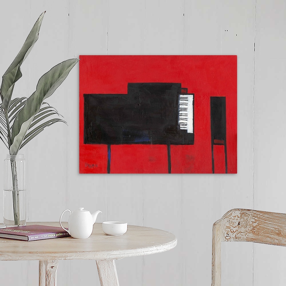 A farmhouse room featuring Contemporary painting of a black grand piano and bench on red.