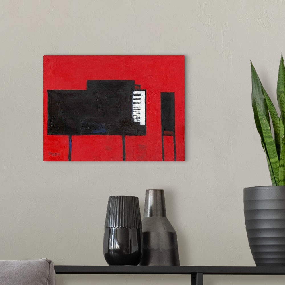 A modern room featuring Contemporary painting of a black grand piano and bench on red.