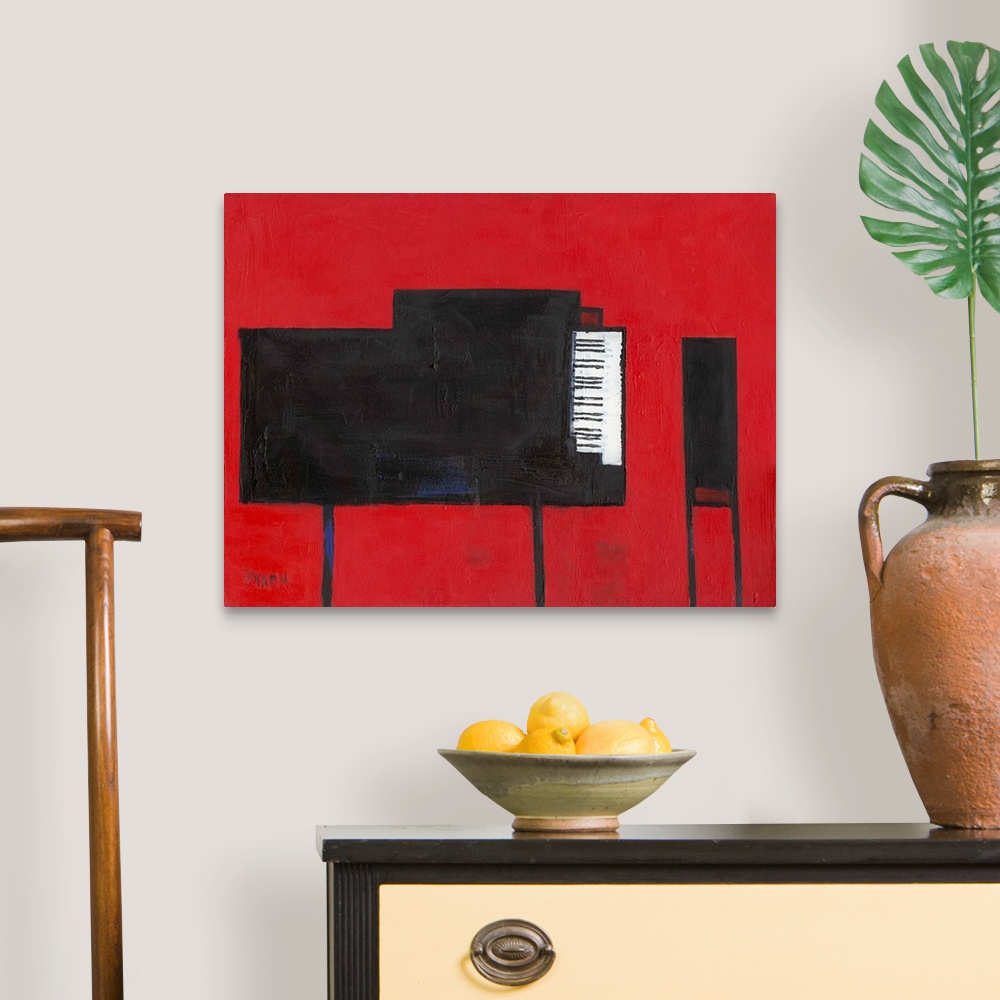 A traditional room featuring Contemporary painting of a black grand piano and bench on red.