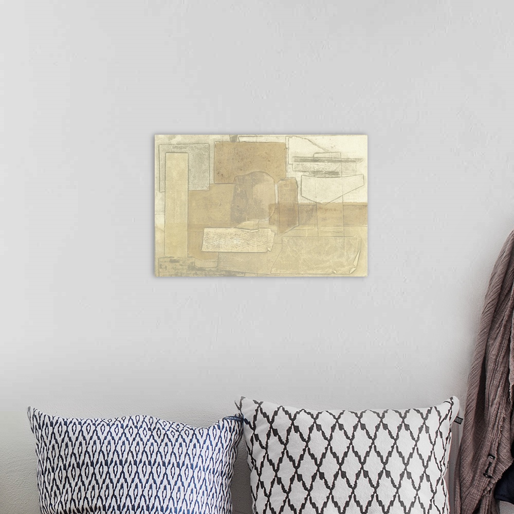 A bohemian room featuring Contemporary abstract art in sandy beige color blocks.