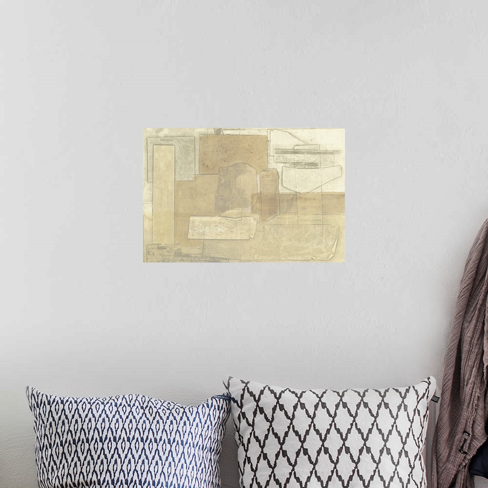 A bohemian room featuring Contemporary abstract art in sandy beige color blocks.
